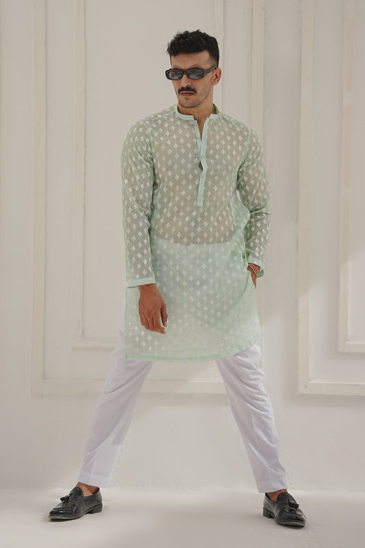 Minty Net Cotton Kurta Pajama